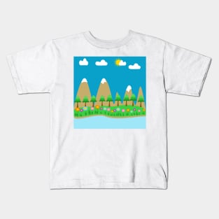 A scenic landscape with a mountains, trees,  sky, clouds and a river with boat Kids T-Shirt